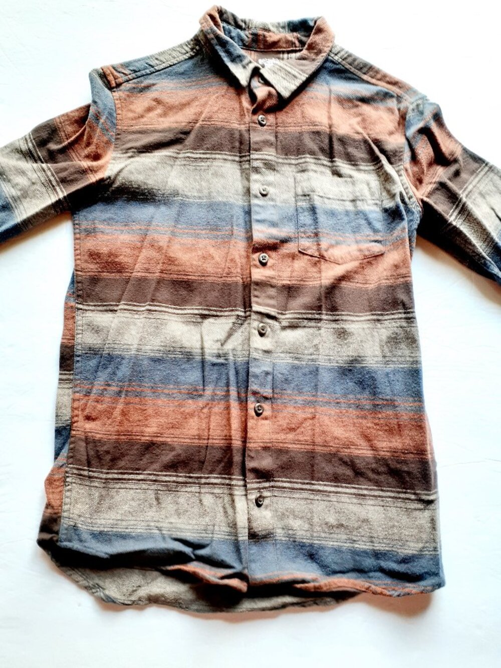 Colorful Planet Boys Shirt Button Down Flannel Brown Stripe Long Sleeve XL 14-16